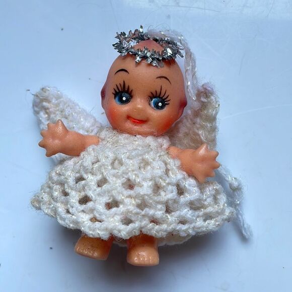 Vintage Kewpie Doll angel Christmas ornament with crochet outfit & wings - Picture 1 of 5